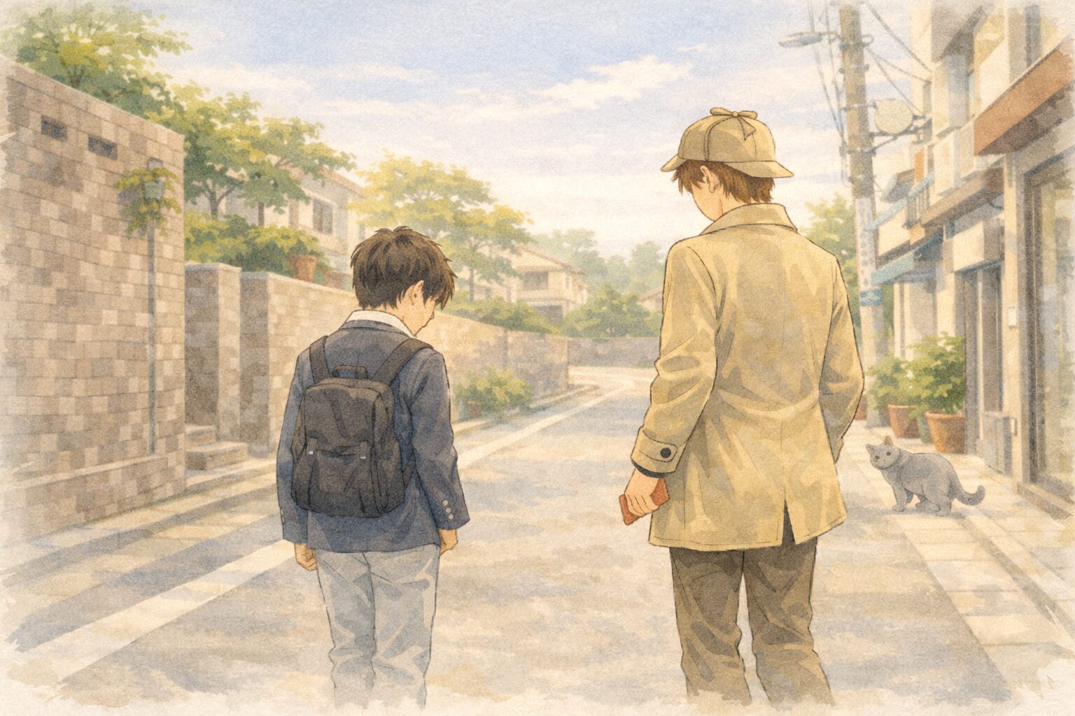 通学路で、ナオの隣をコーキが歩きながら話しかけている。