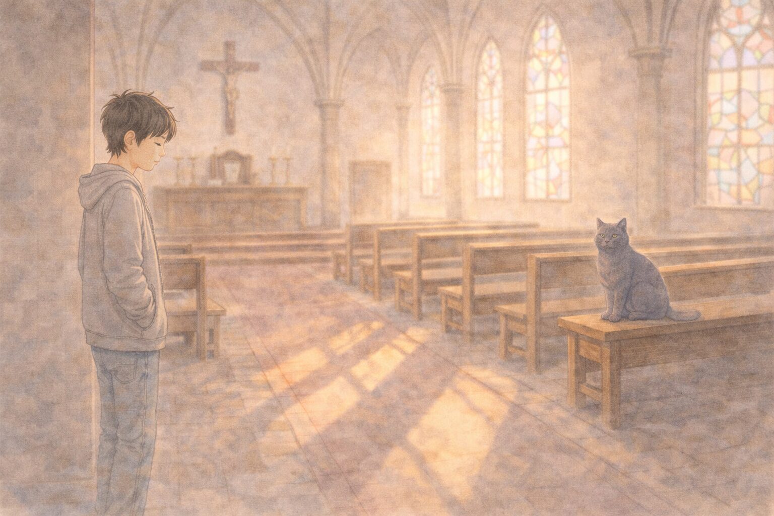 静かな教会の中でルリを見つめるナオ