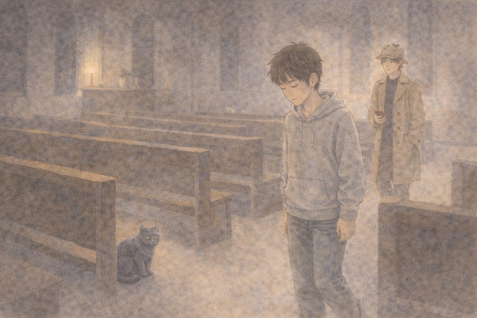 夜の教会の中でルリを見つけるナオ