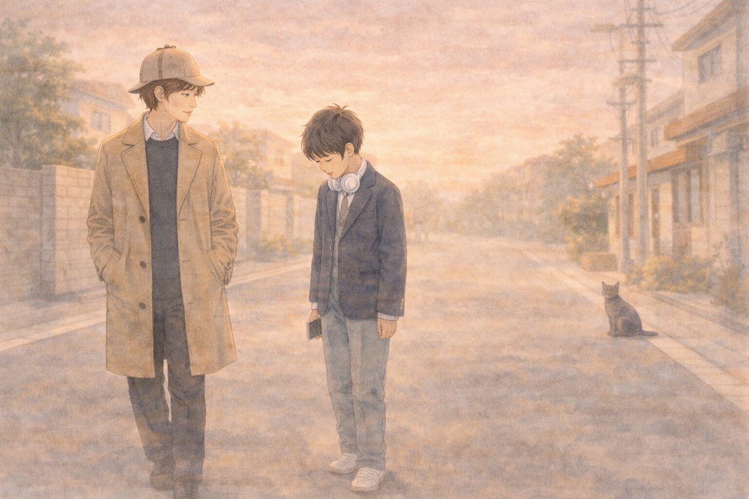 朝の通学路で、少し眠そうなナオにコーキが声をかけている