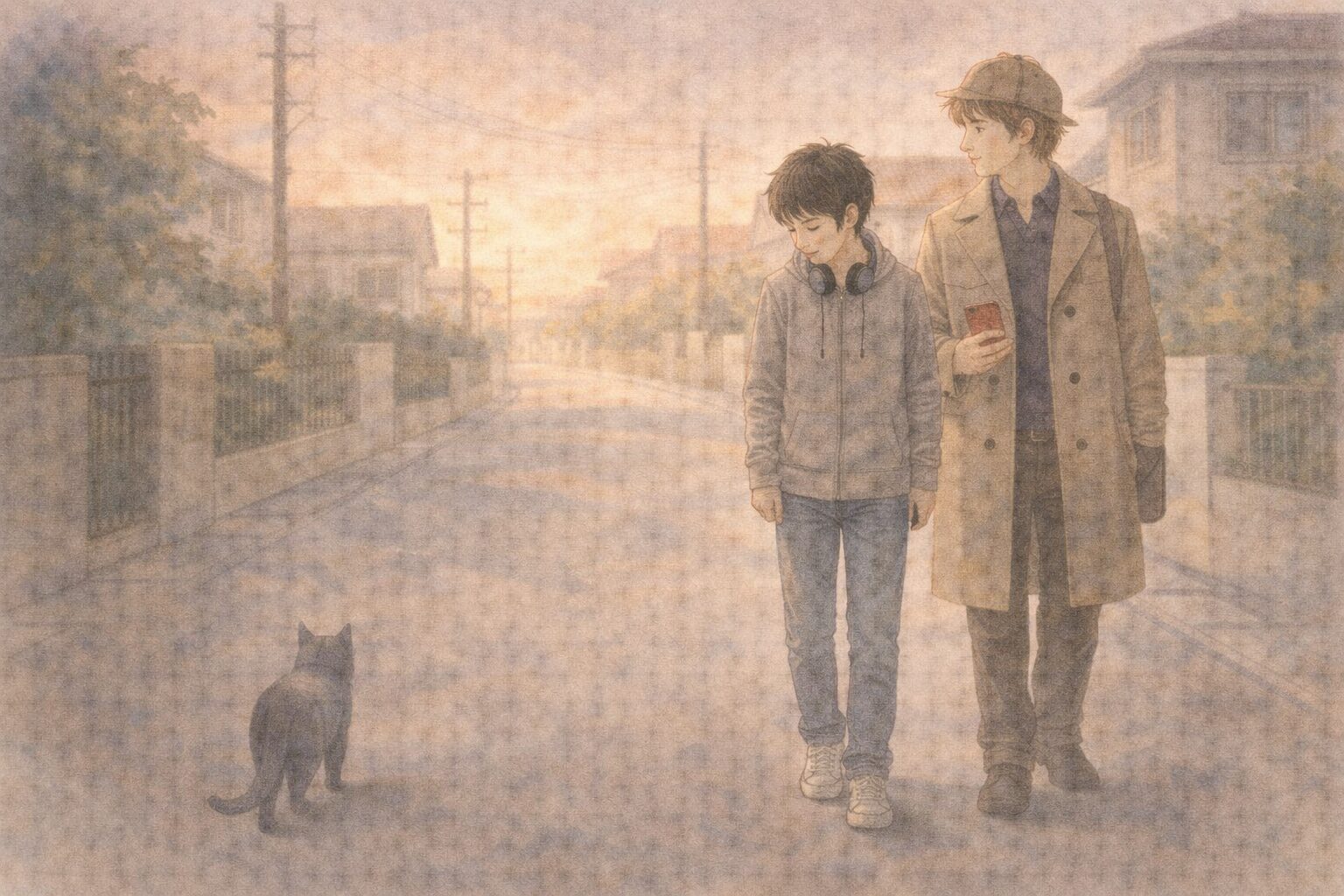 帰り道でコーキと話すナオと、少し先を歩くルリ