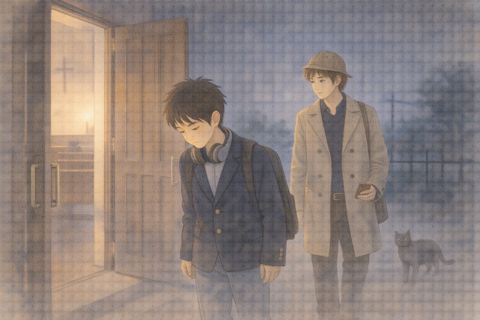 教会を出るナオと少し距離を保つコーキ
