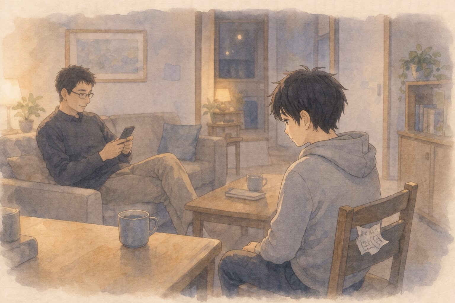 静かなリビングで父とナオが言葉なく過ごしている様子