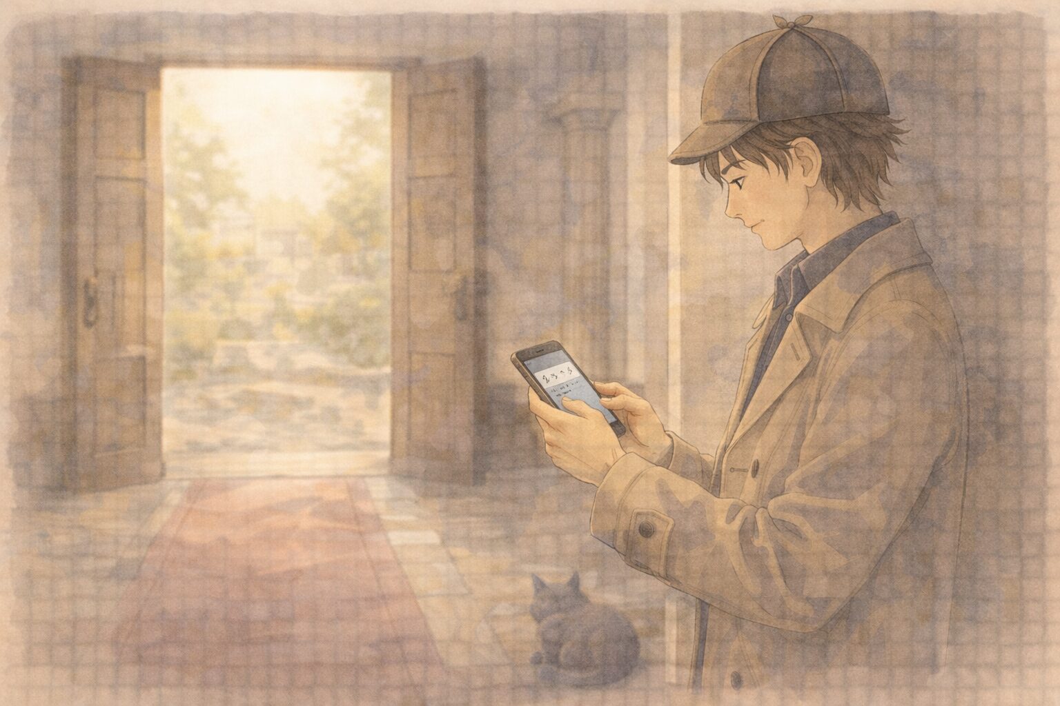 柱の影に寄りかかり、出ていくナオを見送るコーキ