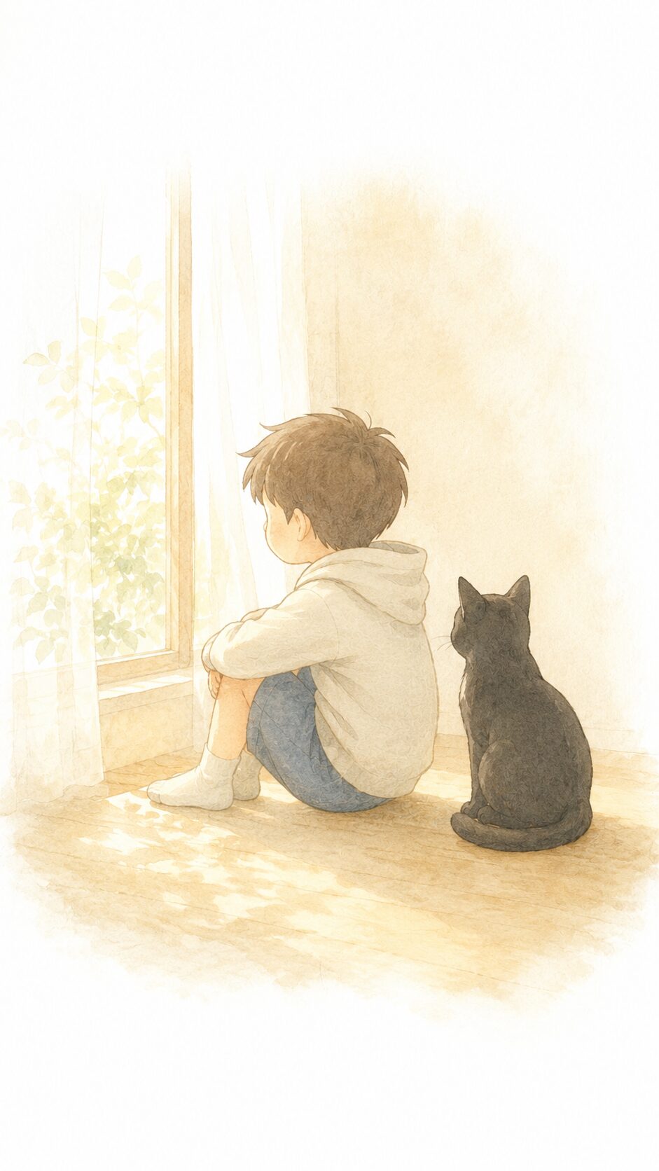 窓のそばで静かに座るリクと黒猫のルリ(リク編イラスト)