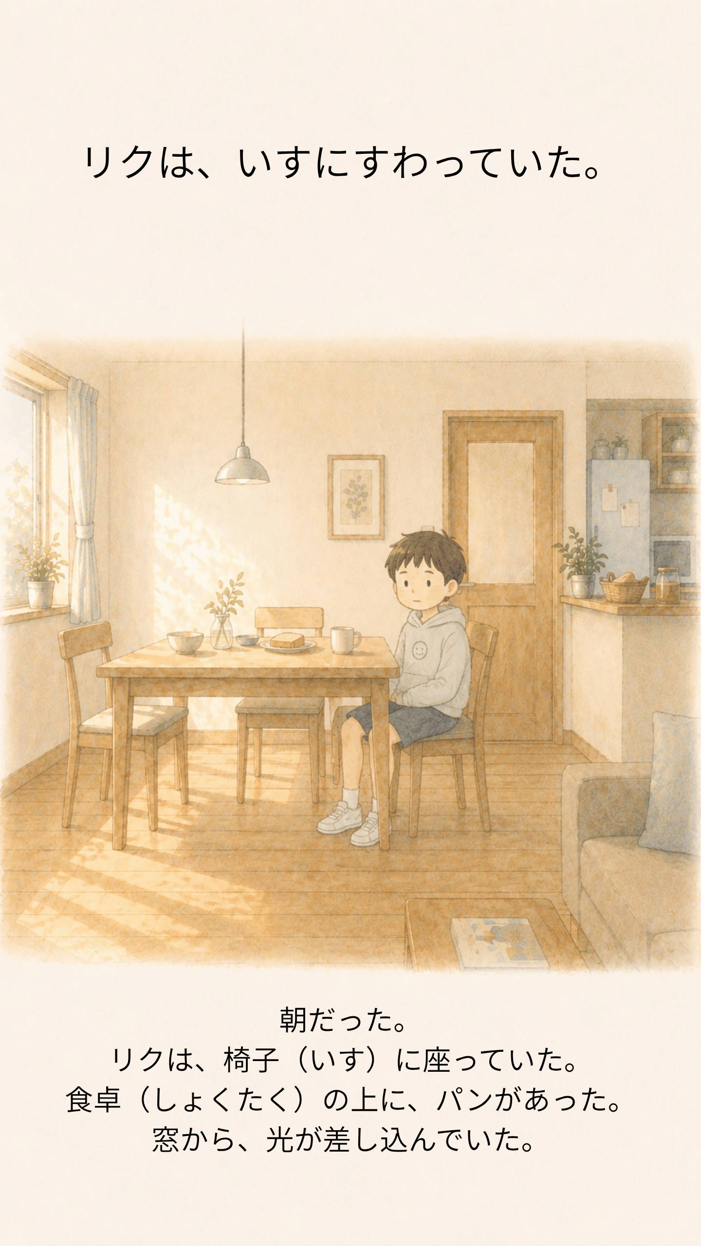 朝、リクは椅子に座っていた。テーブルにはパンがあった