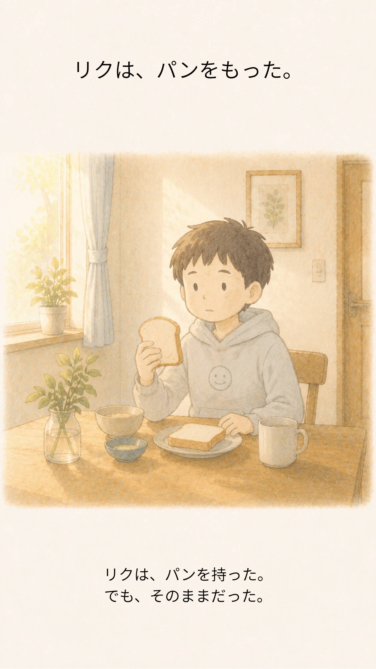 リクはパンを持った。でも、口には運ばずそのままだった