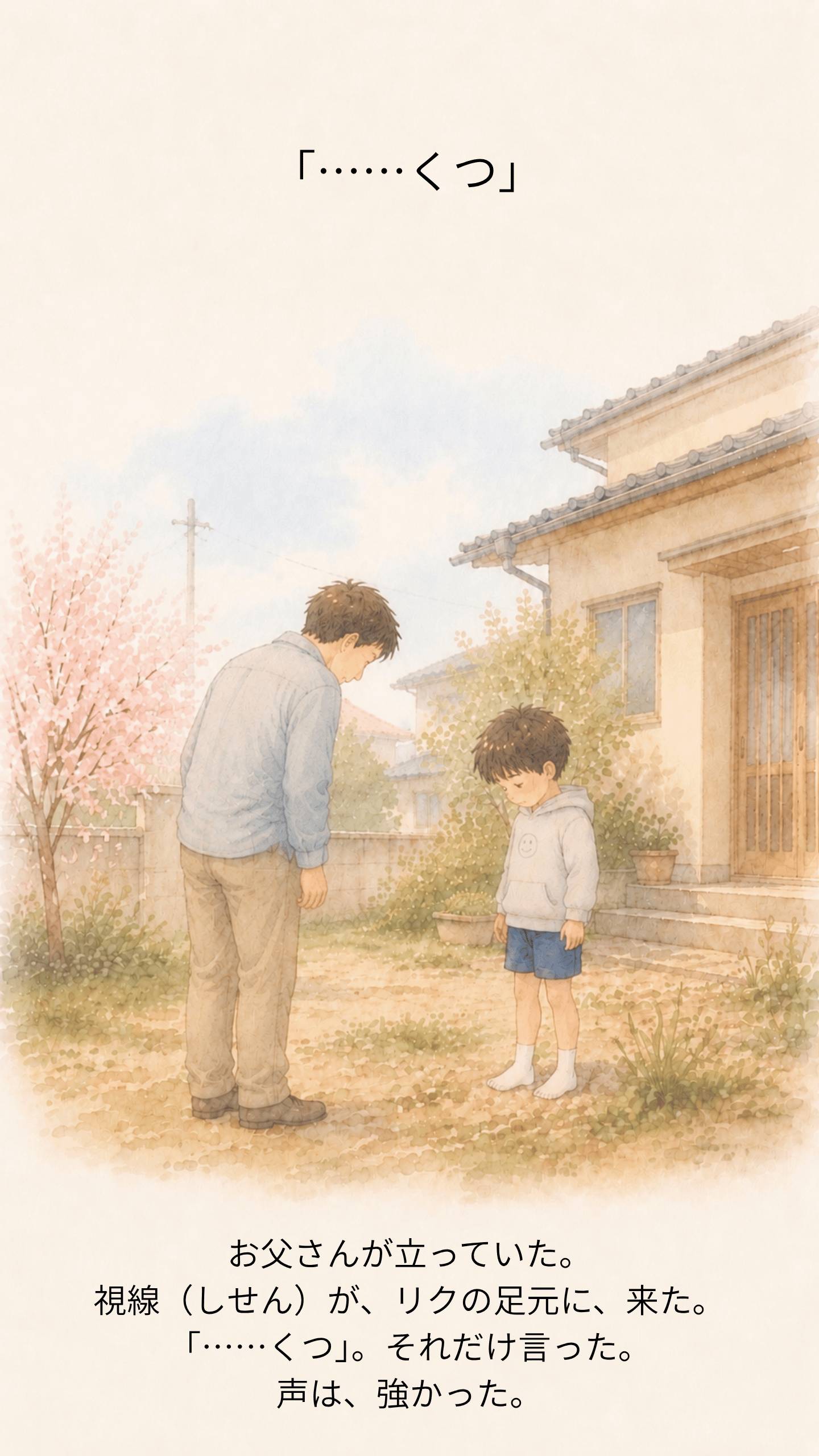 「……くつ」それだけ言うお父さんとうつむくリク