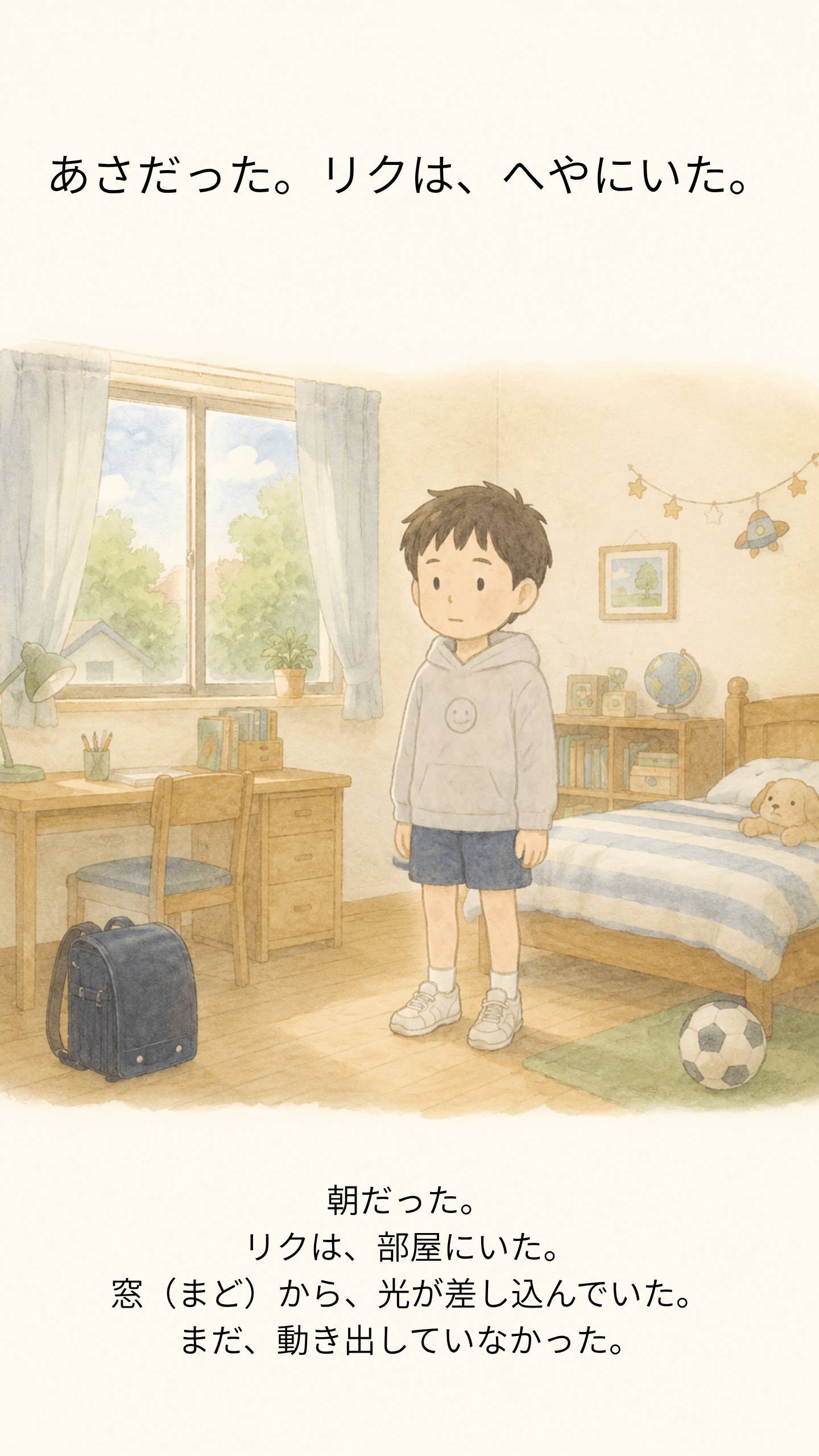 朝、部屋に立ち止まっているリク