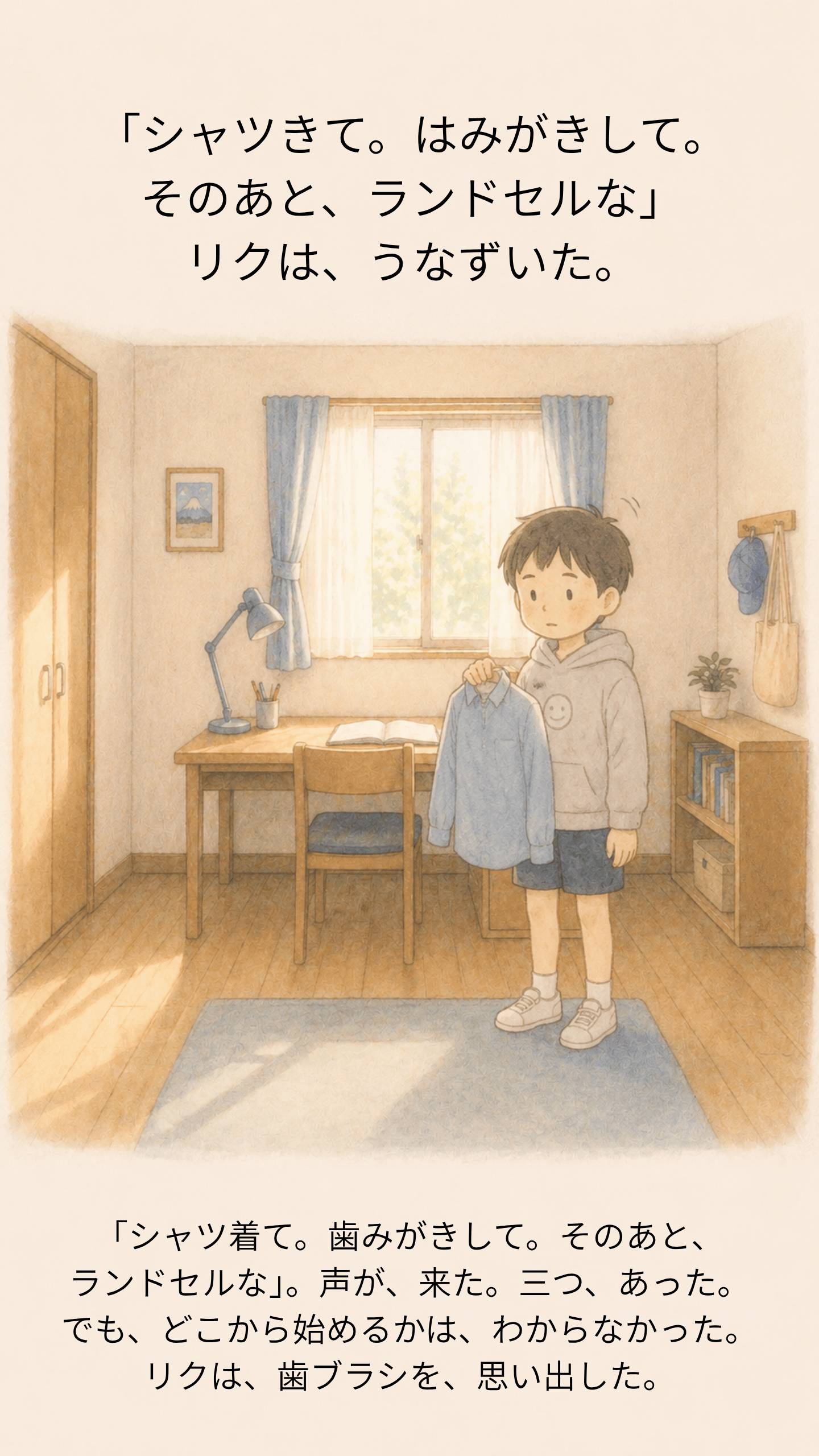 「シャツ着て。歯みがきして。ランドセルな」と声をかけられうなずくリク