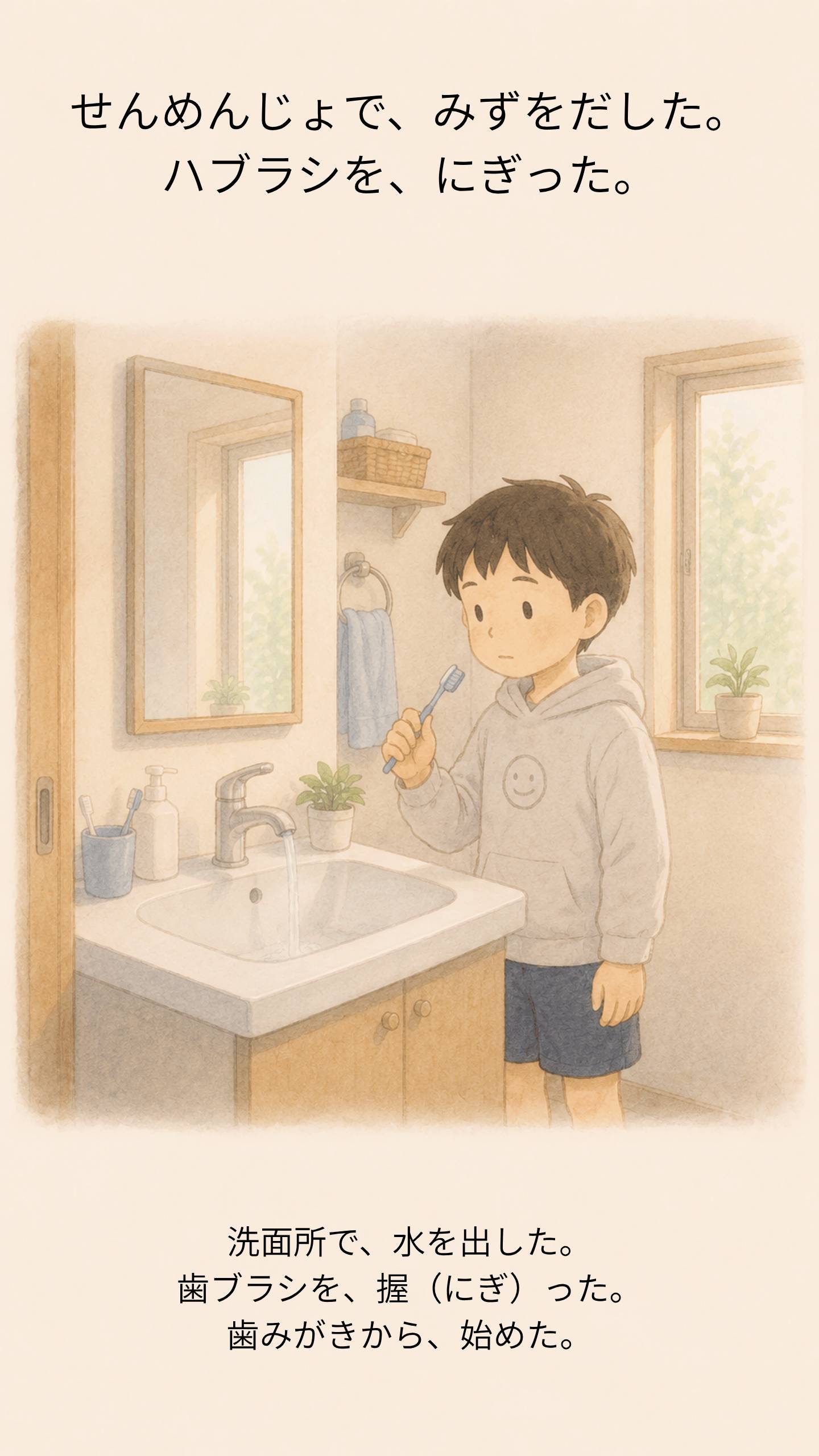 洗面所で歯ブラシを握ったリク