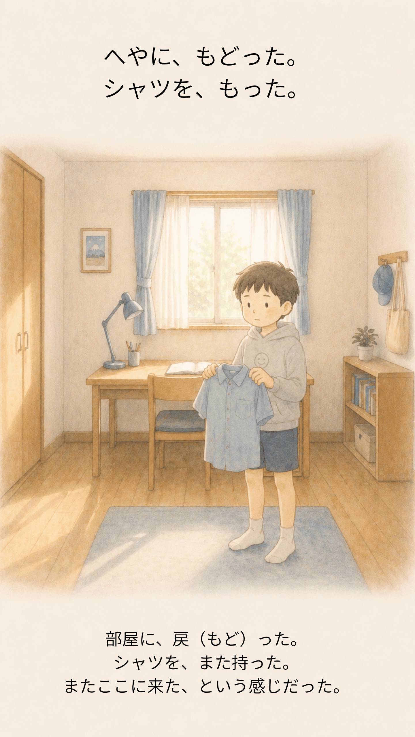 部屋に戻ってシャツをまた手に持つリク