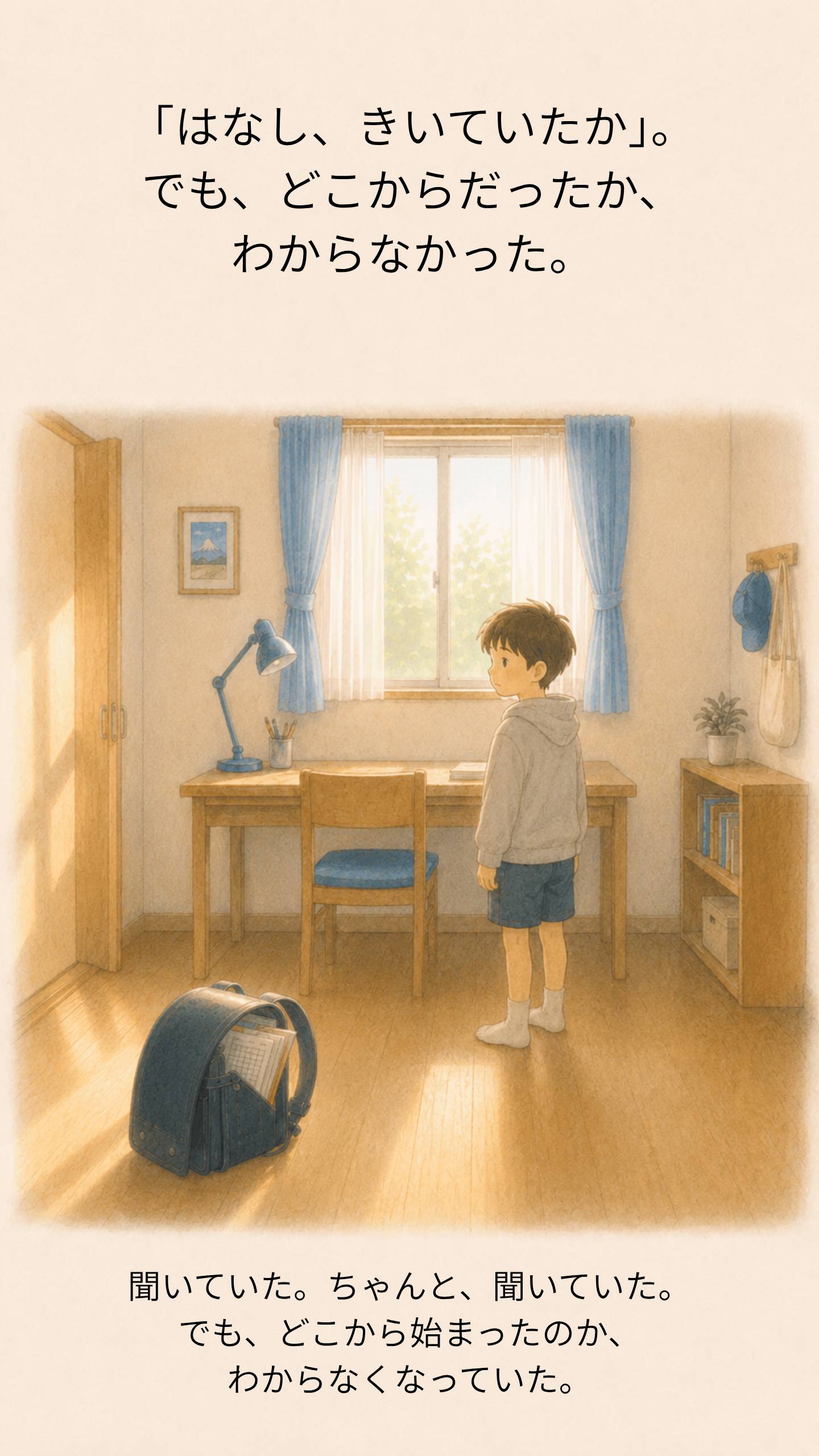 「話、聞いてたか」聞いていた。でも、どこからかわからなかった