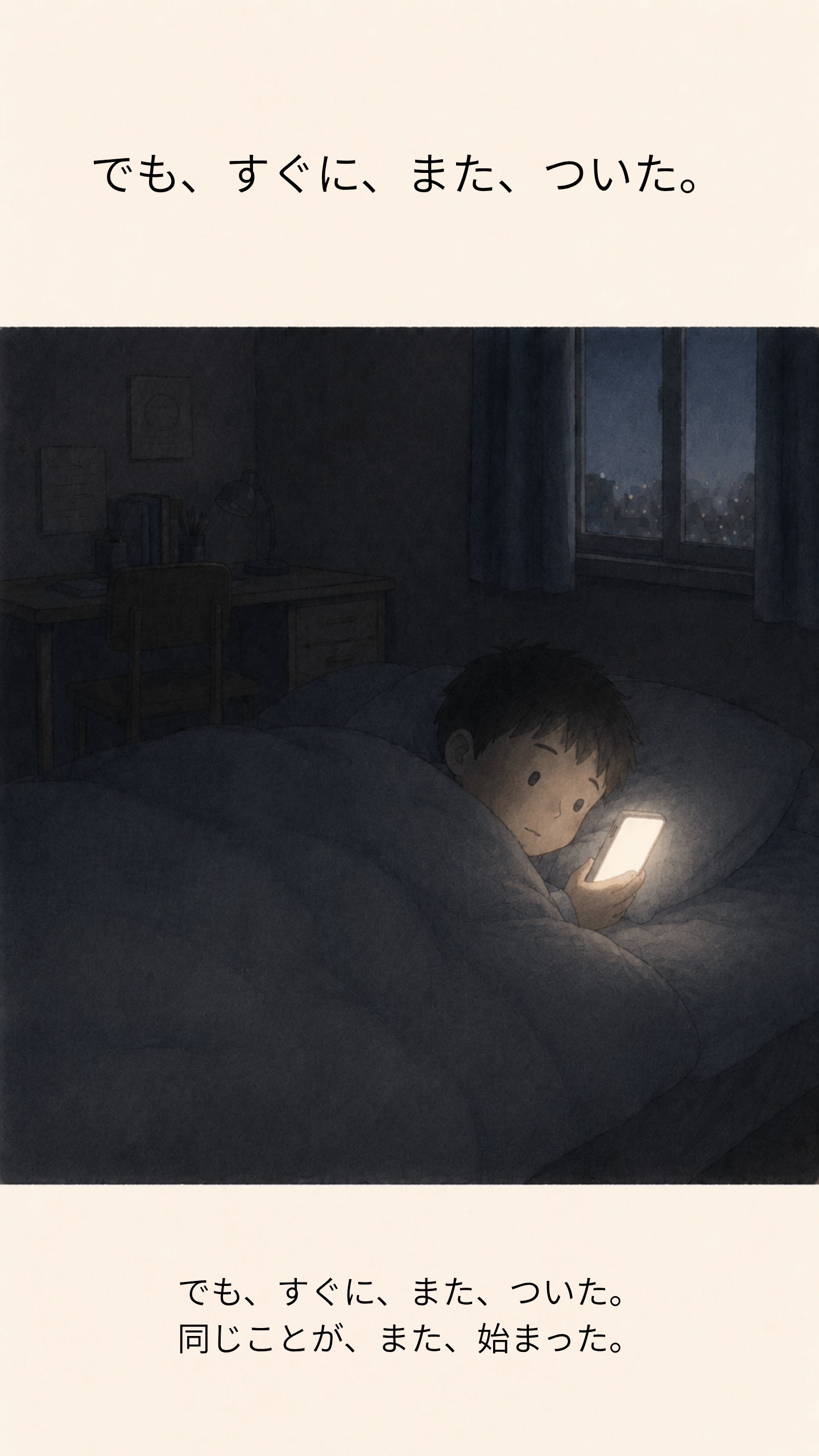 布団の中で向きを変え、目をぎゅっとつぶるリク