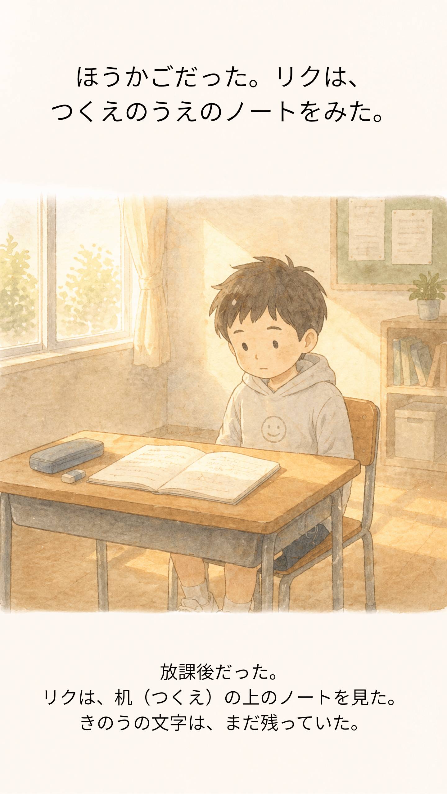 放課後、机の上のノートを見るリク