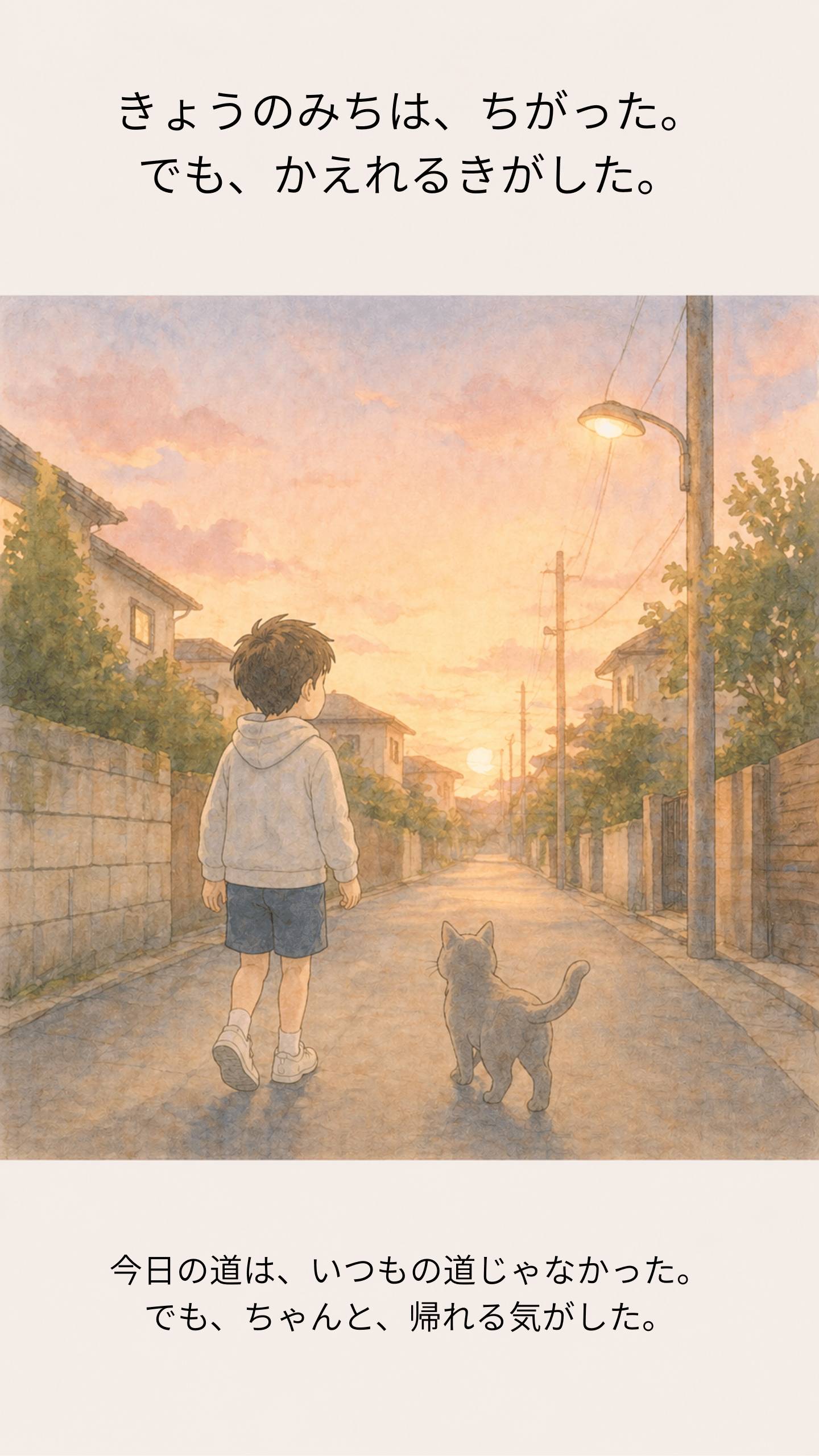 夕暮れの道を歩くリクとルリ