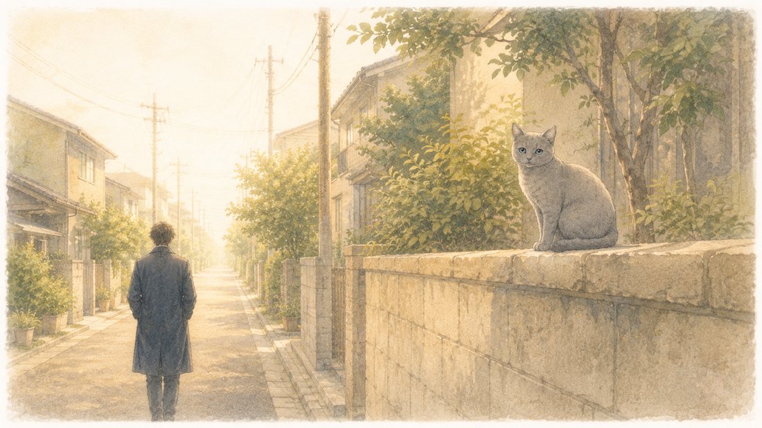 住宅街の朝、塀の上に座る猫と、歩き去る男性の後ろ姿