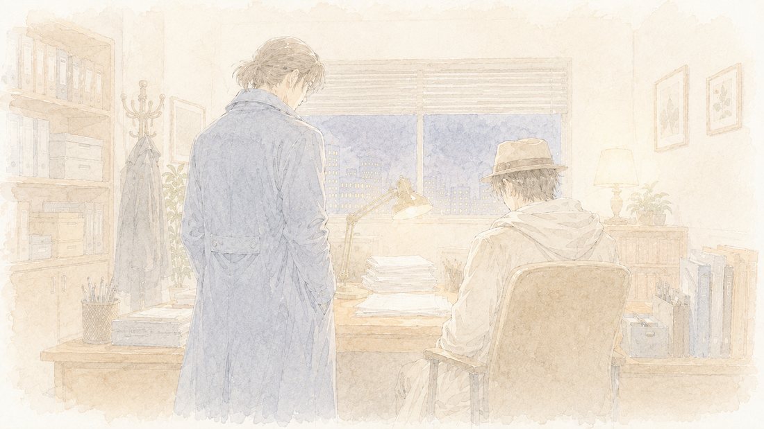 夜の事務所、スタンドライトの下で向き合う二人の後ろ姿