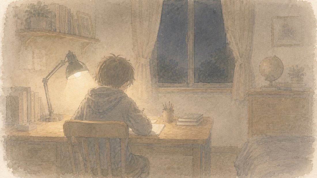 夜、机に向かう小さな背中