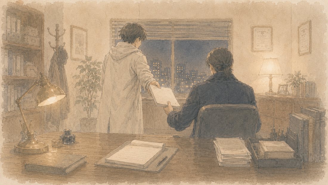 事務所の窓辺、報告書を差し出す若い男性と受け取る男性の後ろ姿