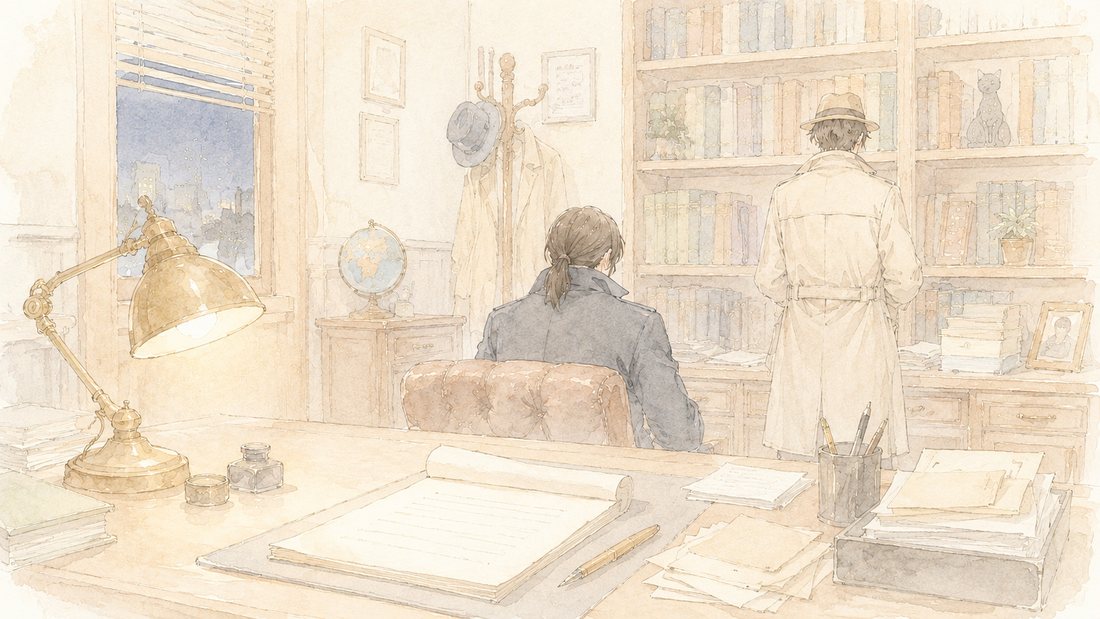 事務所で報告書を見る男性と、本棚の前に立つ若い男性の後ろ姿