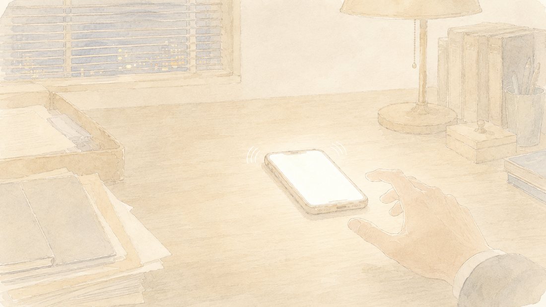 夜の事務所、震えるスマートフォンに伸びる手