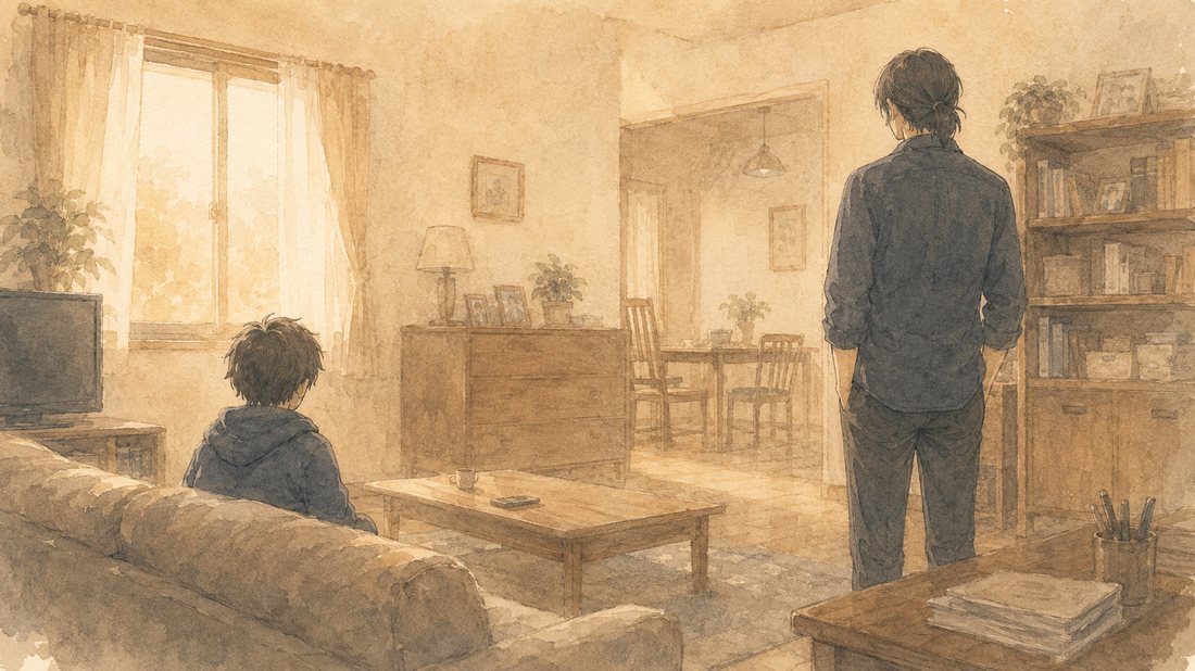 リビングで対面する親子の後ろ姿