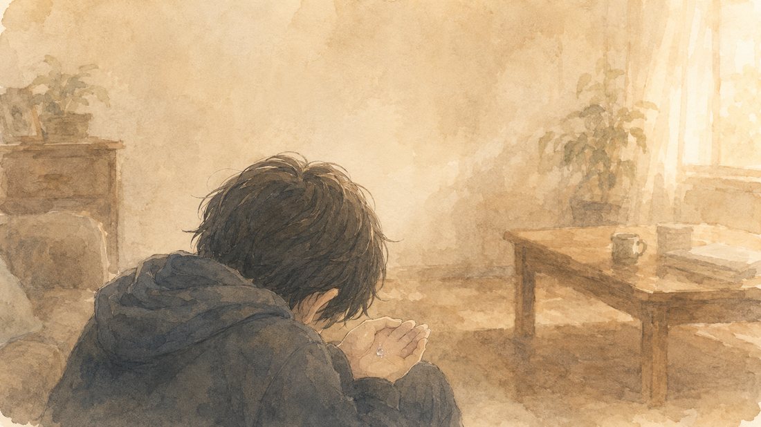 うつむき、手のひらに涙を受ける子どもの後ろ姿