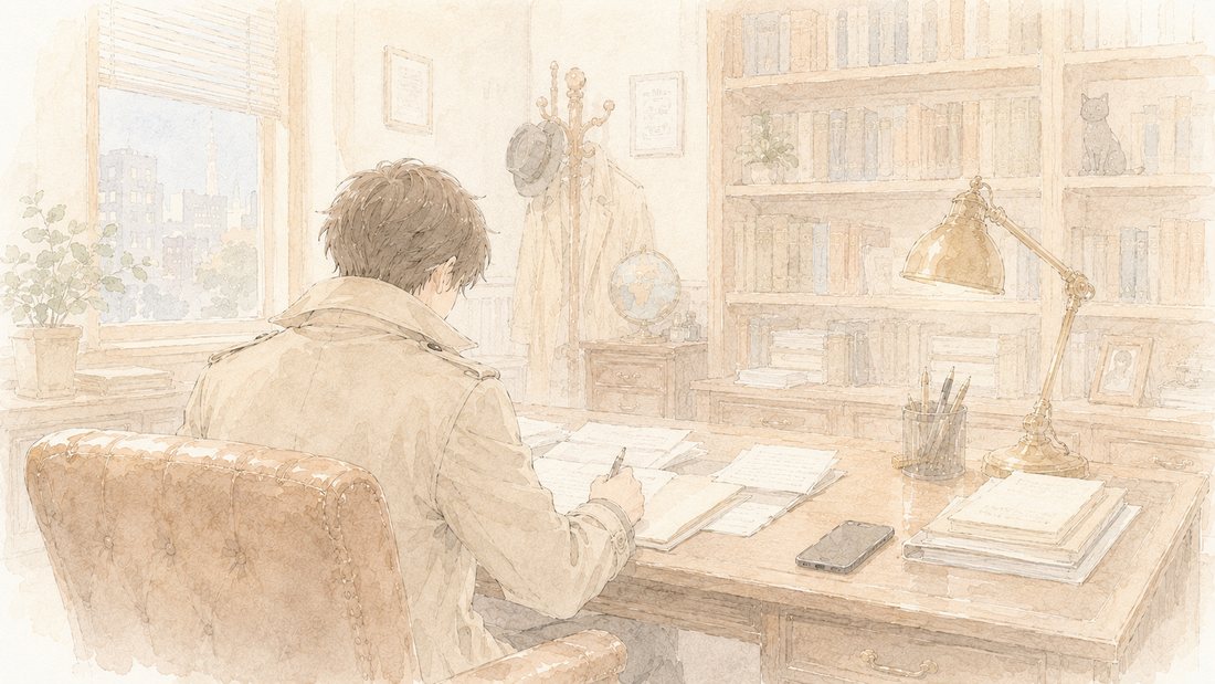 事務所に戻り、書類を進める男性の後ろ姿