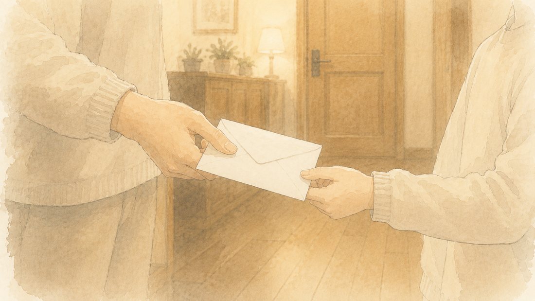 玄関先で封筒を手渡す手元