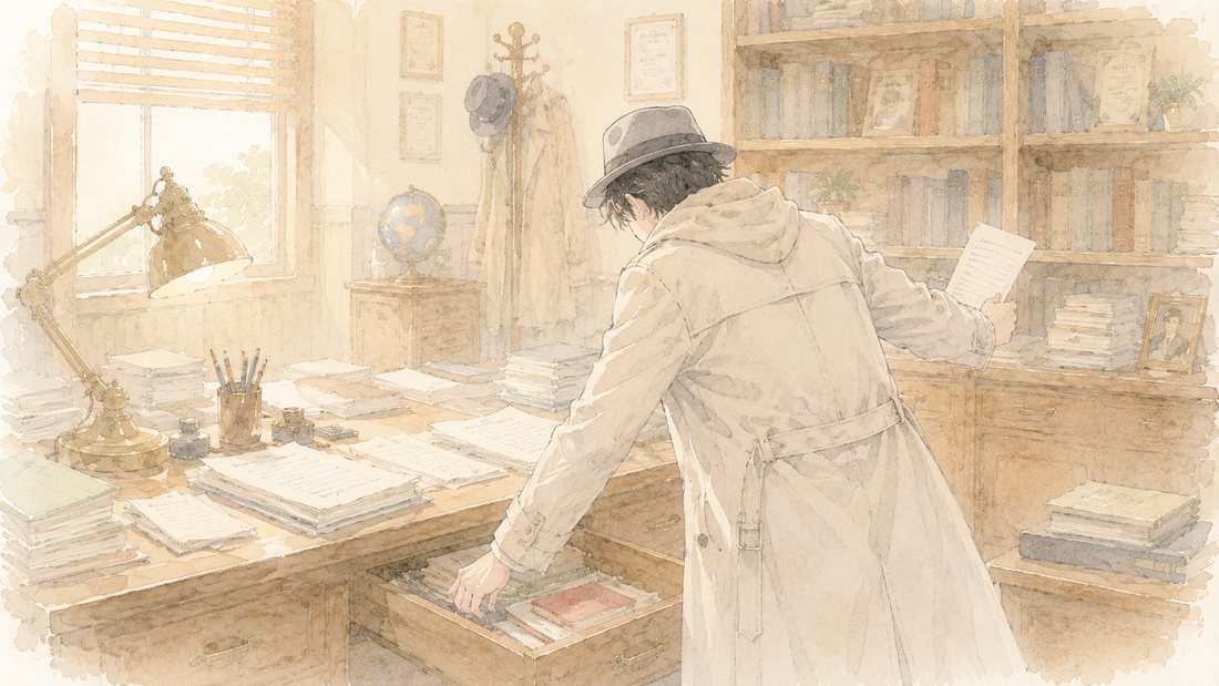 事務所で引き出しの中を探す若い男性の後ろ姿