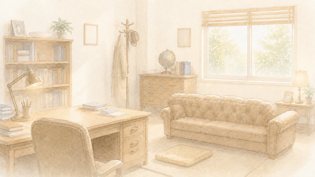 静かな昼の事務所、ソファと机のある部屋の全景
