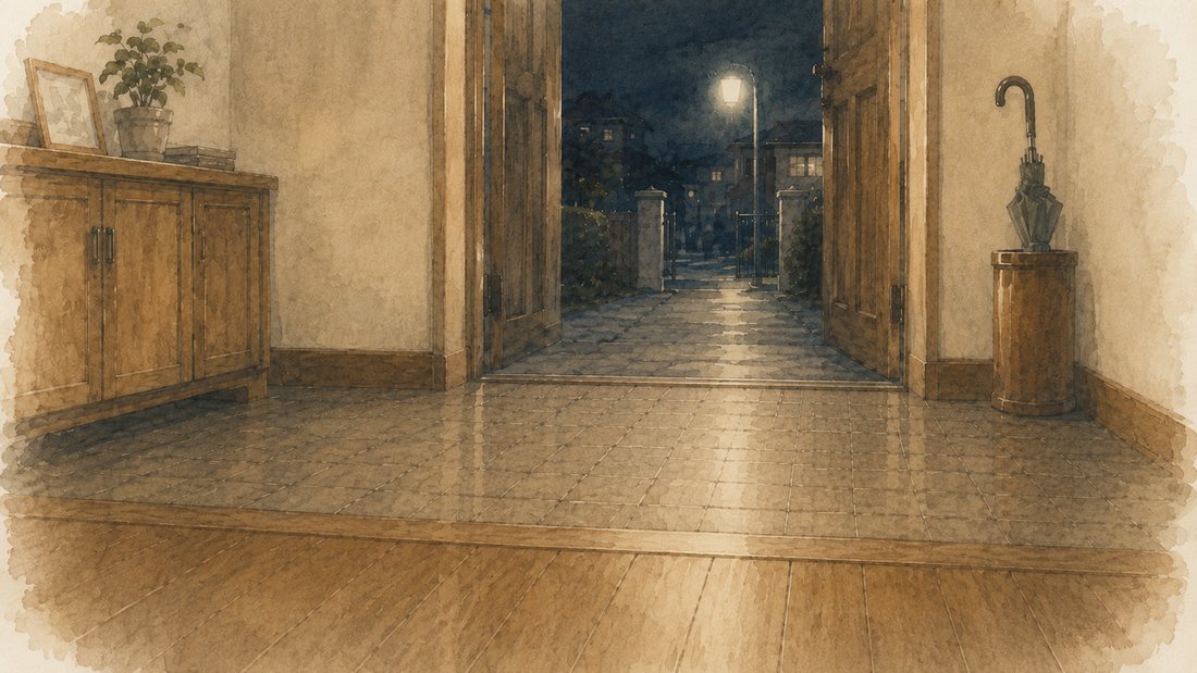 夜の玄関、外に伸びる暗い通り