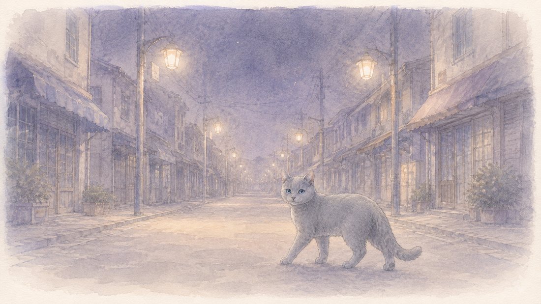 夜道を歩く灰色がかった猫