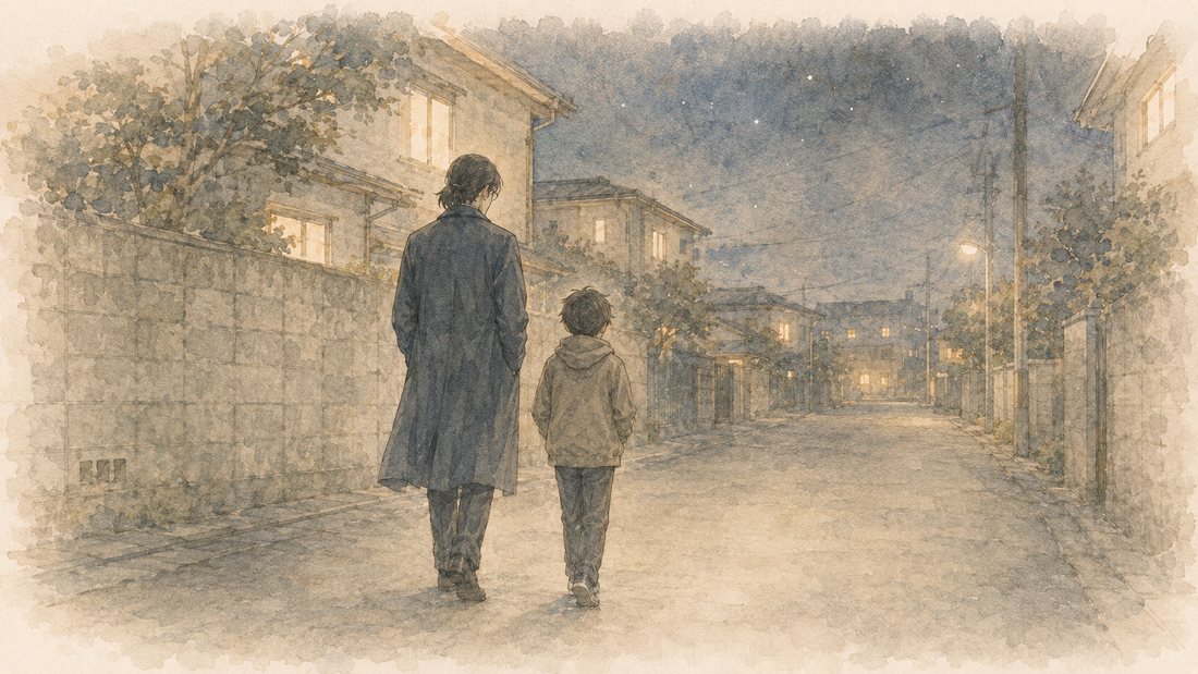 夜道を並んで歩く親子の後ろ姿