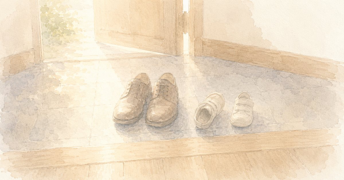 朝の玄関、大人用と子ども用の靴が並んでいる