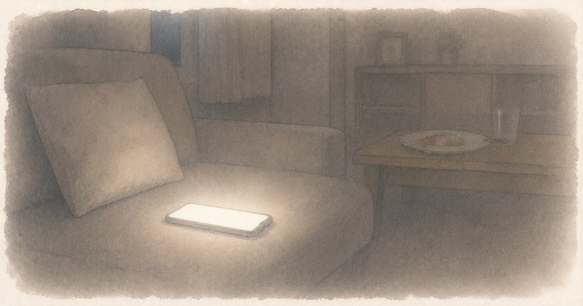 暗い部屋のソファに置かれた光るスマートフォン