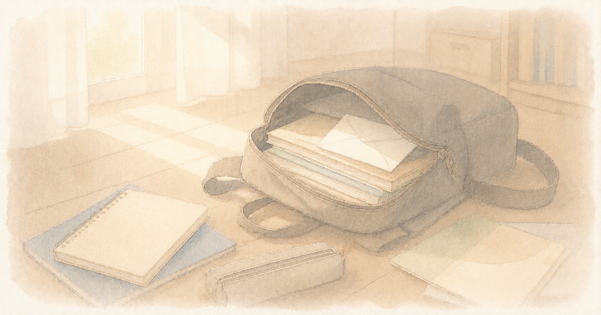 開いたカバンの中の封筒とノート
