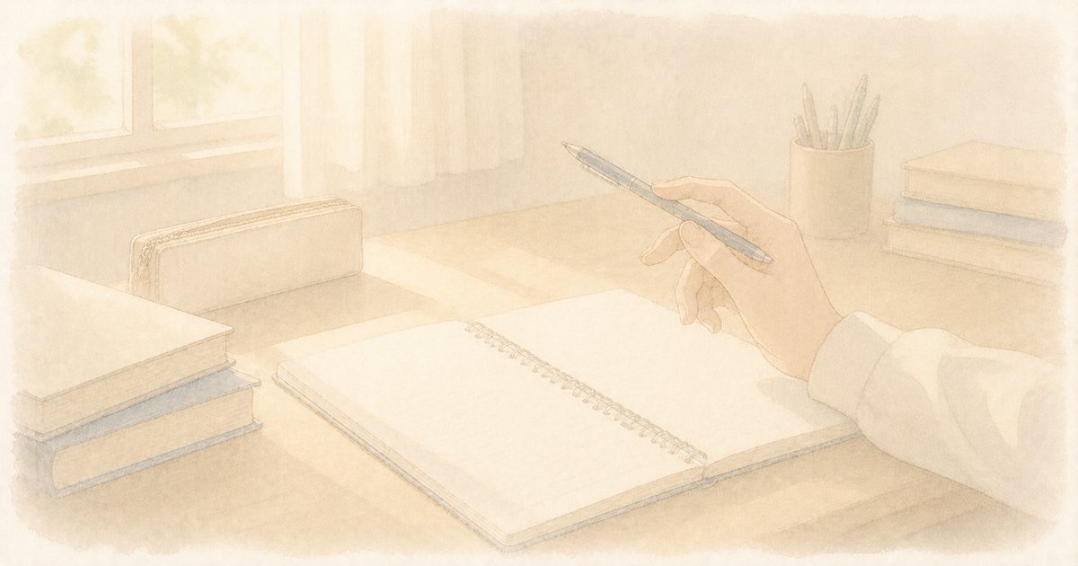机の上でペンを回す手元