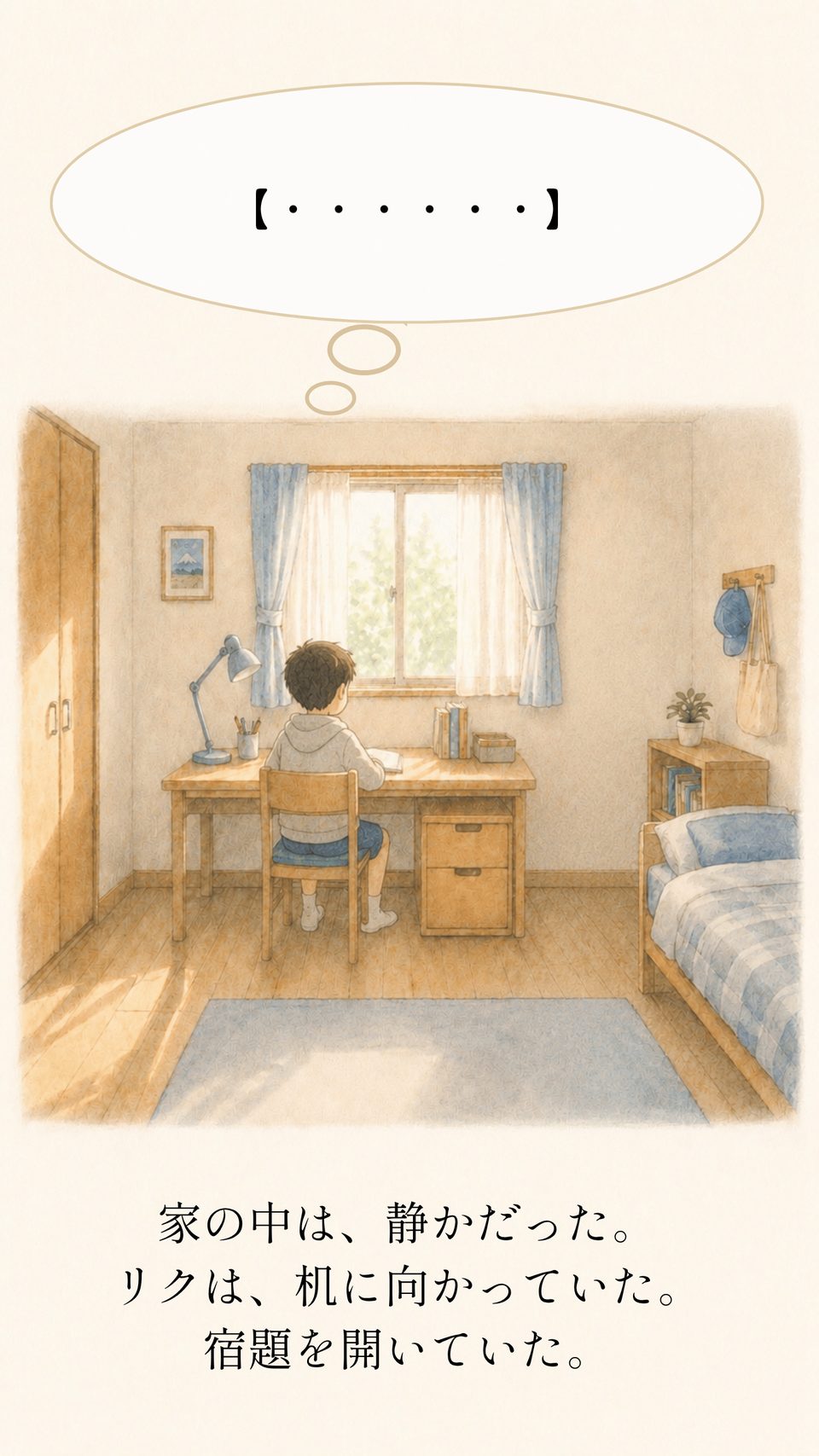 静かな家の中で机に向かい、宿題を開いているリク