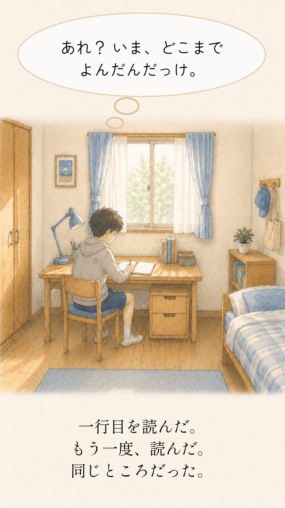 時計を見て、まだ時間が進んでいないことを確かめるリク