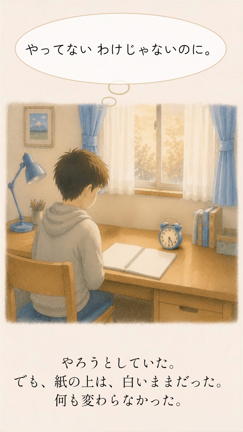 鉛筆を置いても机から立たず、時間が過ぎるリク