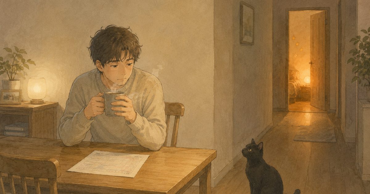 夜のリビングでマグカップを手にひと息つく父親と、見上げる黒猫