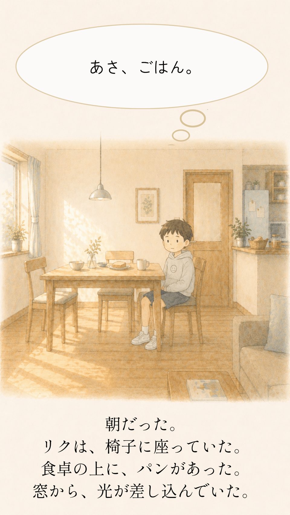 朝、リクは椅子に座っていた。テーブルにはパンがあった