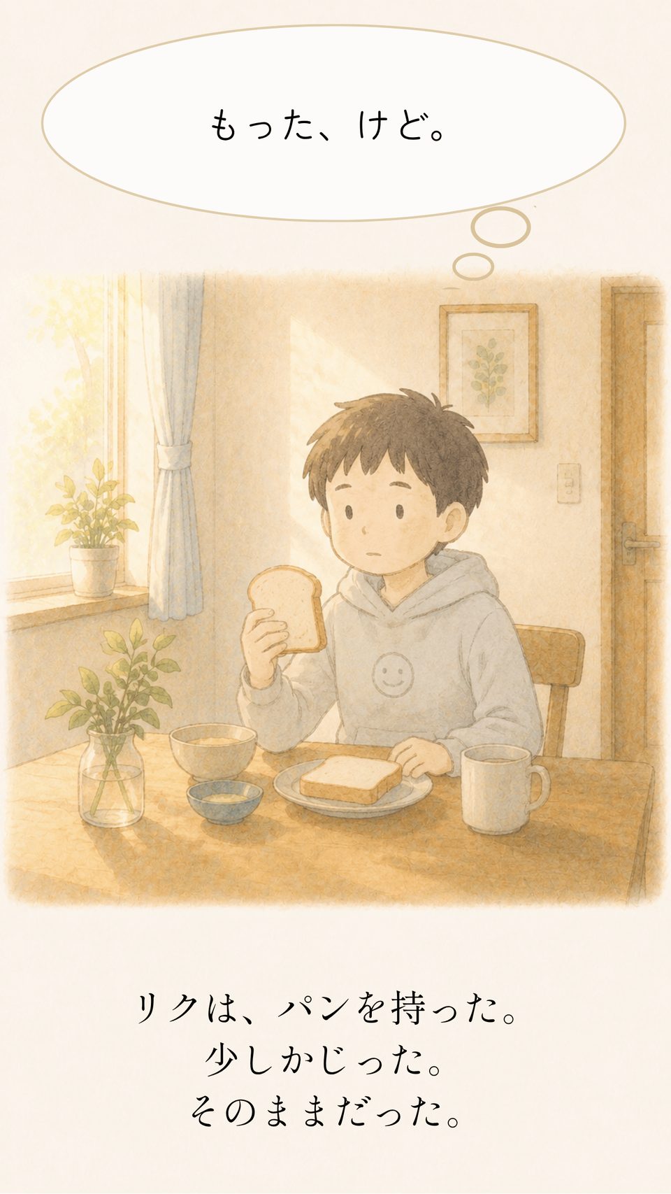 リクはパンを持った。でも、口には運ばずそのままだった