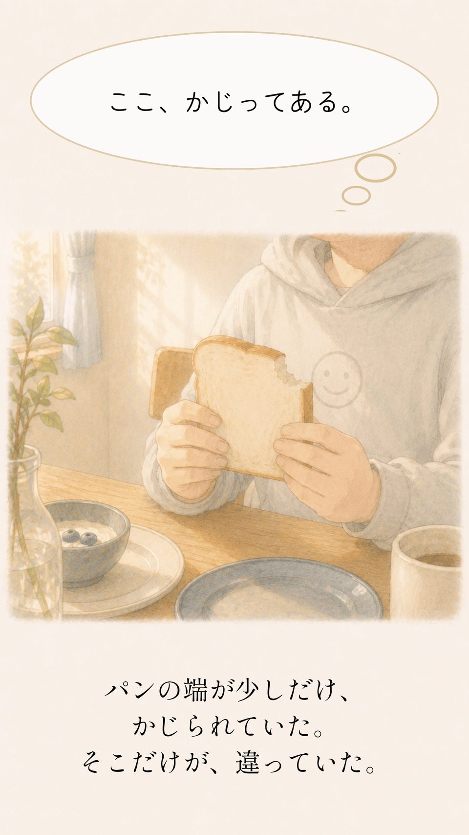 パンのはしが少しだけかじられていた。そこだけが違っていた