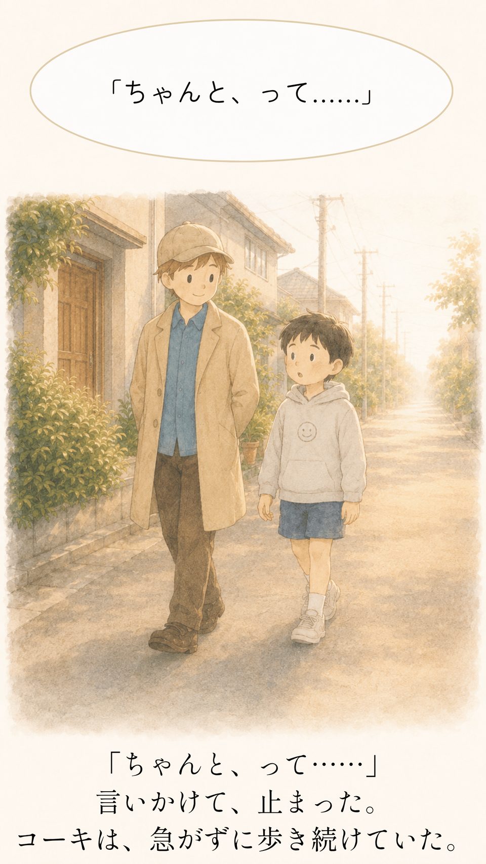 「ちゃんと、って……」言いかけて止まった。コーキは急がず歩き続けた