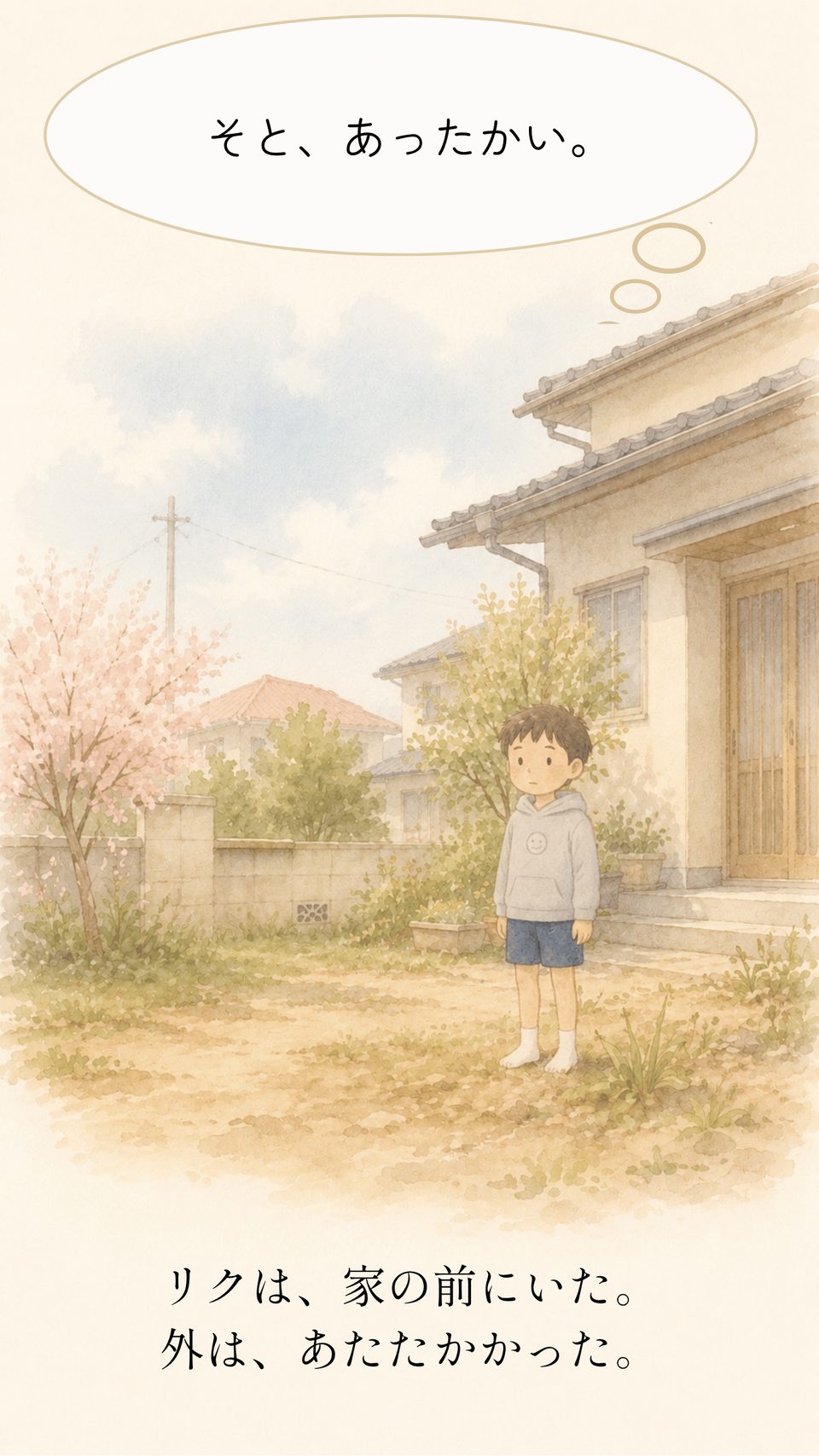 リクは、家の前にいた。外は、あたたかかった