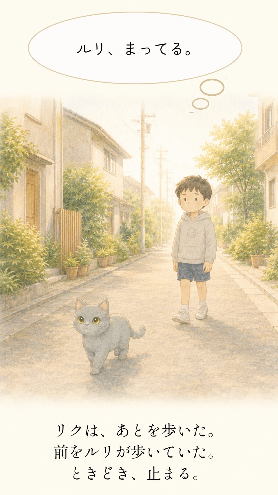 リクは、あとを歩いた。前をルリが歩いていた。ときどき、止まる