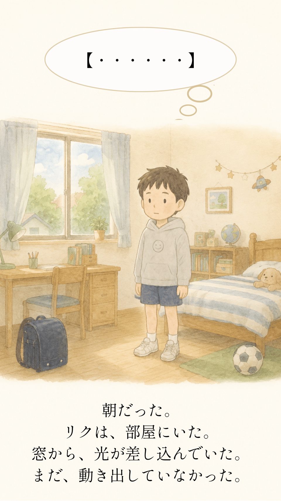 朝、部屋に立ち止まっているリク
